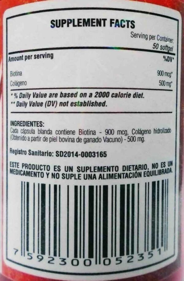 Biotina 900 mcg + Colageno Forte en 50 / 100 Capsulas