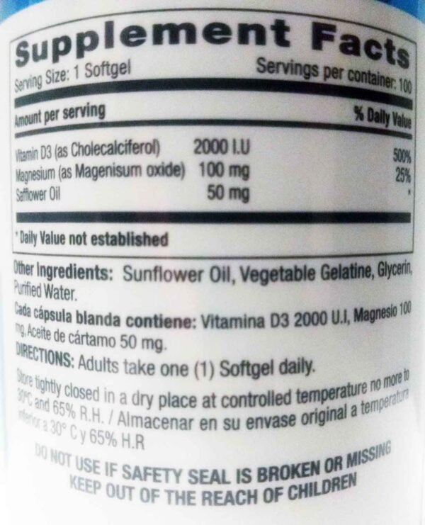 Vitamina D3 Plus Magnesium 100 Softgels