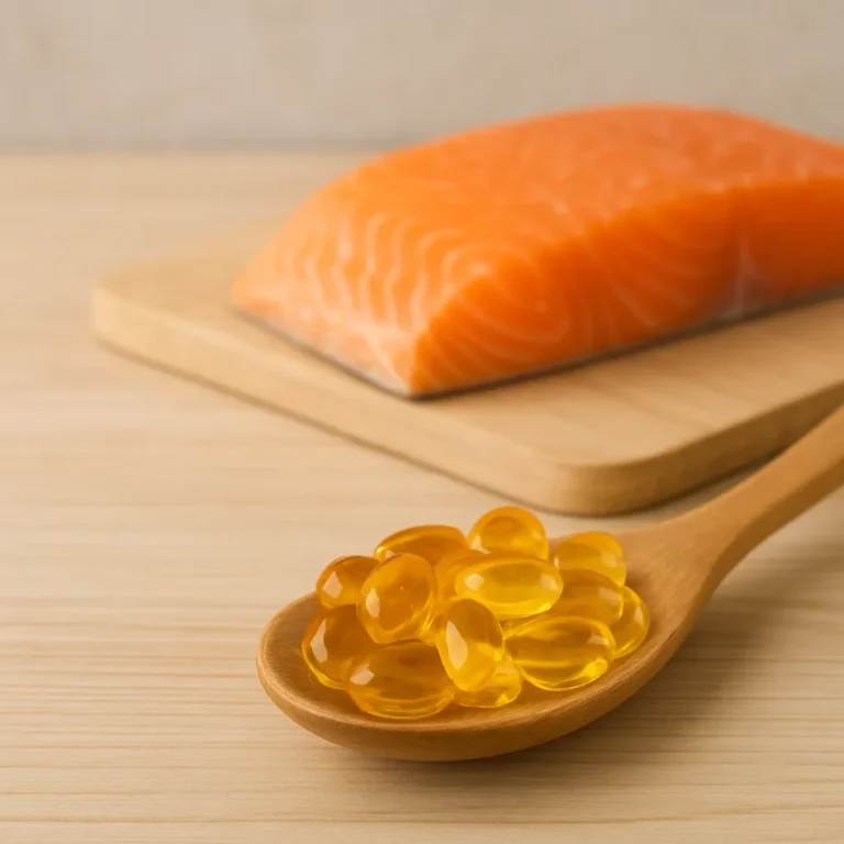 Cápsulas de Omega 3 junto a filete fresco de salmón sobre mesa de madera.