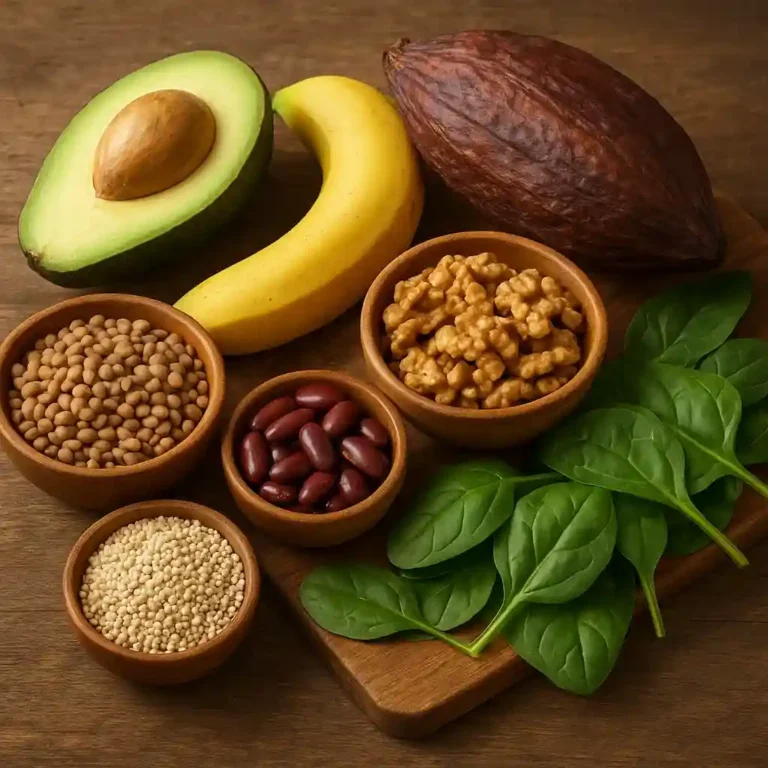 Variedad de alimentos colombianos ricos en magnesio, incluyendo aguacate, banano, cacao, legumbres, quinua y hojas verdes, sobre una mesa rústica.