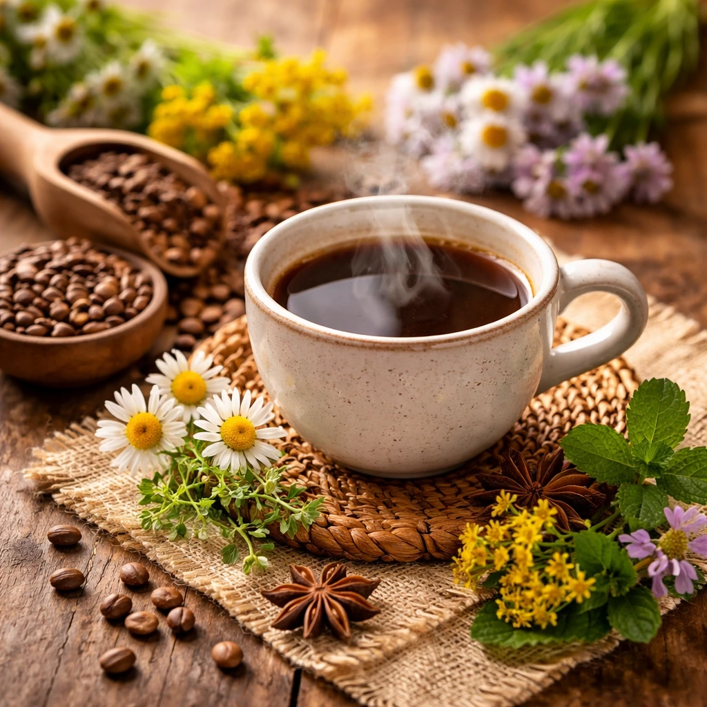 Café de brusca preparado en taza con granos naturales y ambiente rústico