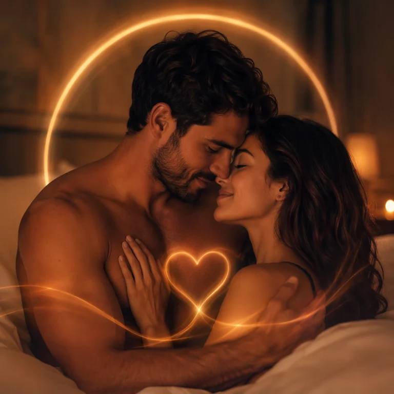 Ilustración cuadrada de dos siluetas humanas en un ambiente cálido y armonioso, representando bienestar, energía y conexión íntima de forma respetuosa y no explícita.